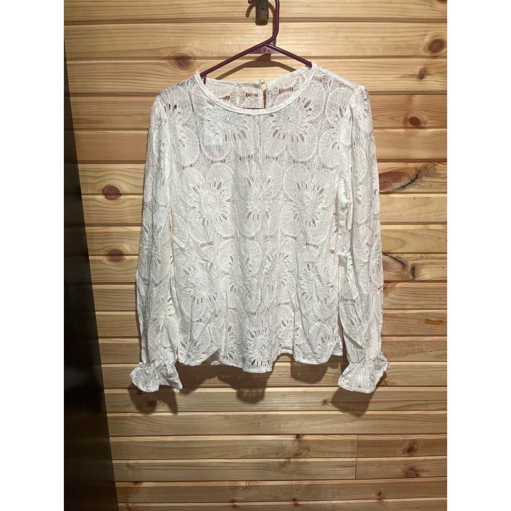 Cupshe White Floral Lace Long Sleeve Blouse Ruffle Cuff Top CAA04D2F027CC Size M
